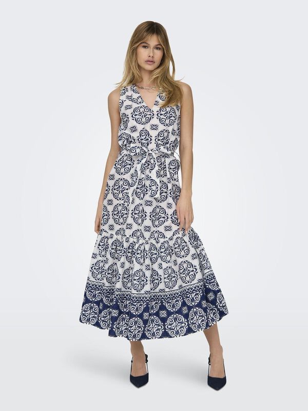 JDY Vestido midi estampado cuello pico blanco