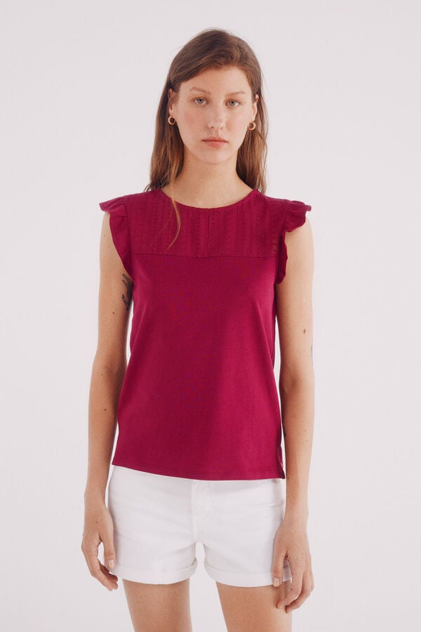 Springfield Camiseta bordados volantes burdeos