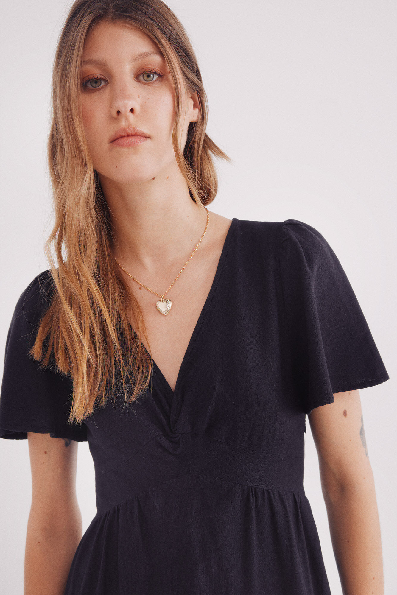 Springfield Vestido midi de decote com decote em linho