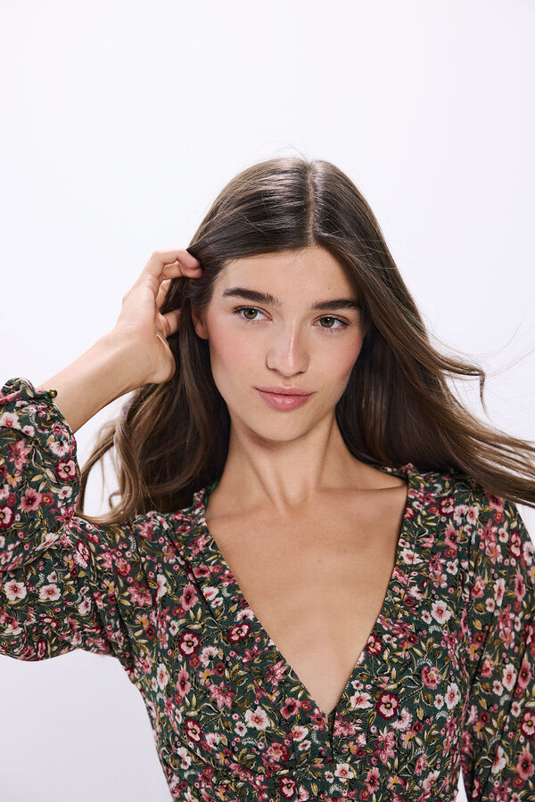 Springfield Vestido corto frunces estampado flores marfil