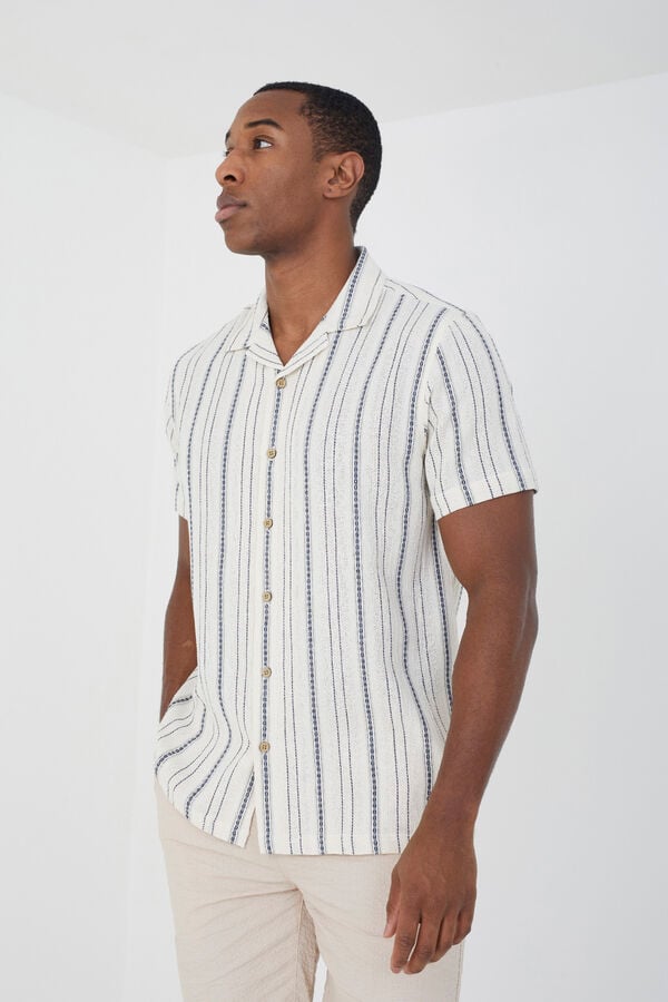 Brave Soul Camisa &agrave;s riscas manga curta bege