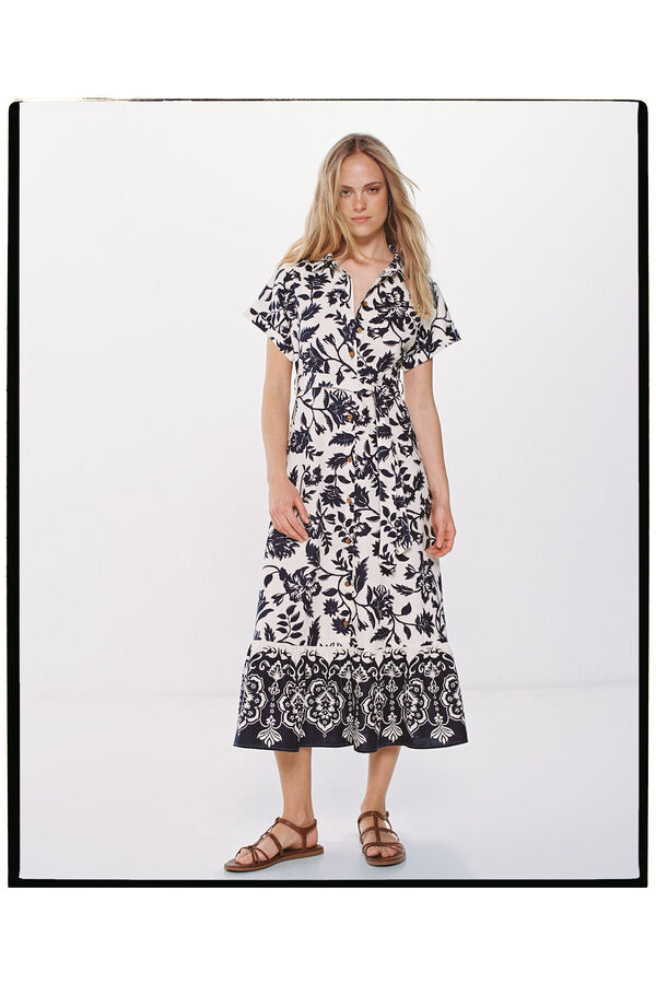 Springfield Vestido Midi Camisero Estampado Lino Viscosa azul