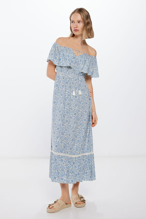 Springfield Vestido Midi Hombros Volante beige