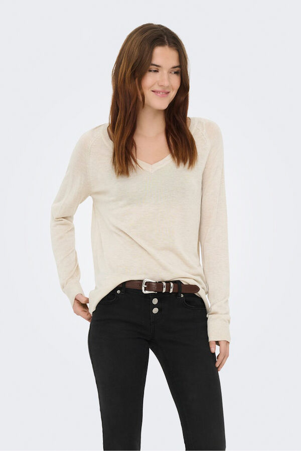 Only Jersey fino cuello de pico marfil