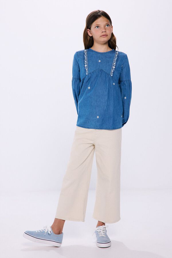 Springfield Kids Blusa denim bordada de menina azul