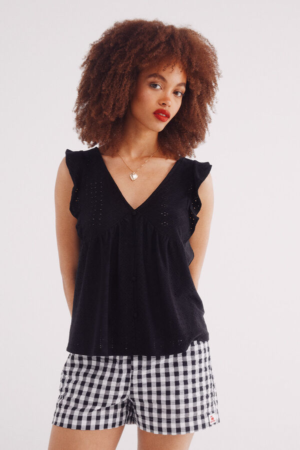 Springfield Camiseta com babados e bordado su&iacute;&ccedil;o preto