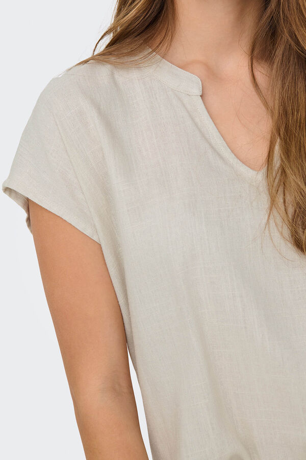 JDY Blusa de linho manga curta bege