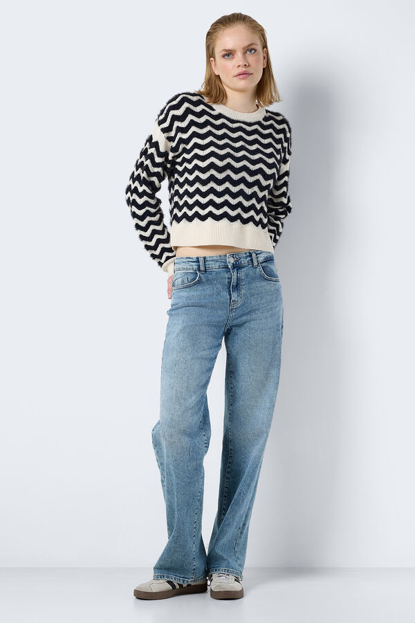 Noisy May Jersey de rayas en zigzag cuello redondo y corte regular blanco