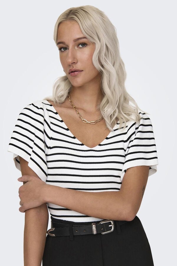 Only Top de punto escote pico beige