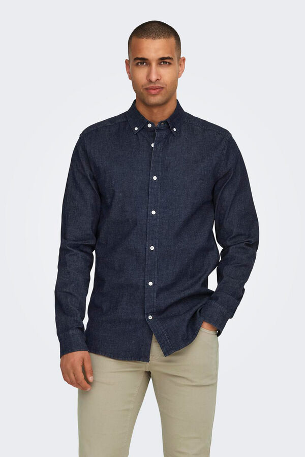 Only & Sons Camisa de cambraia com gola cl&aacute;ssica  azul