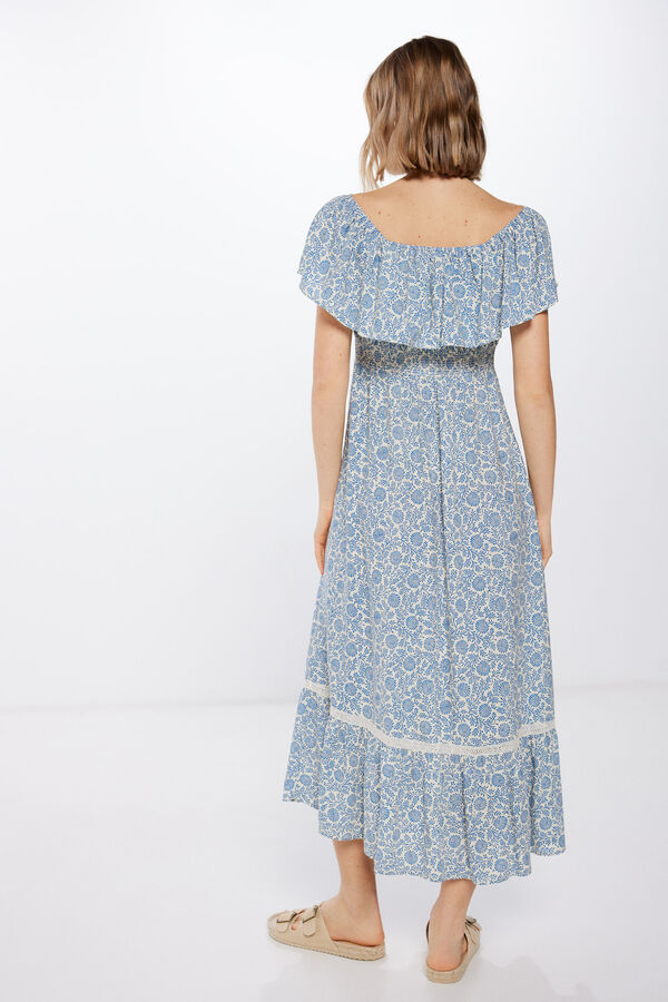 Springfield Vestido Midi Hombros Volante beige