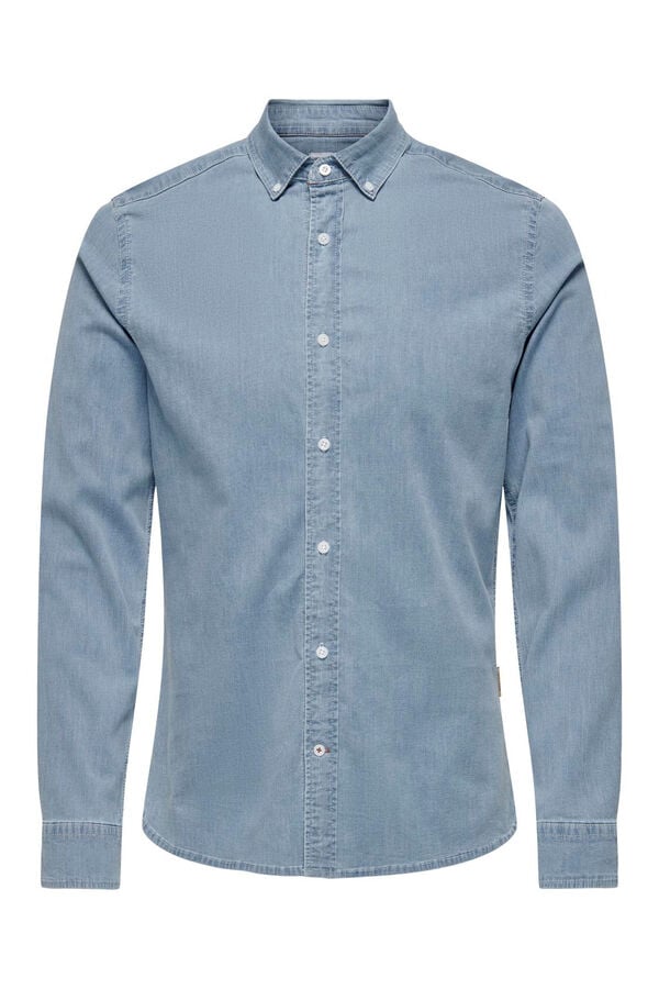 Only & Sons Camisa de chambray con cuello clásico azul