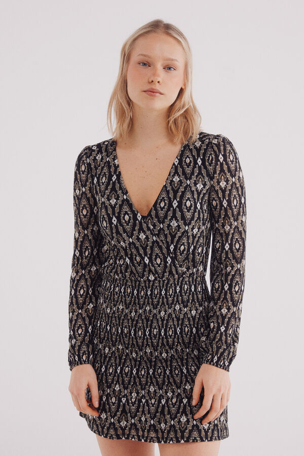 Springfield Vestido corto falda gomas estampado negro