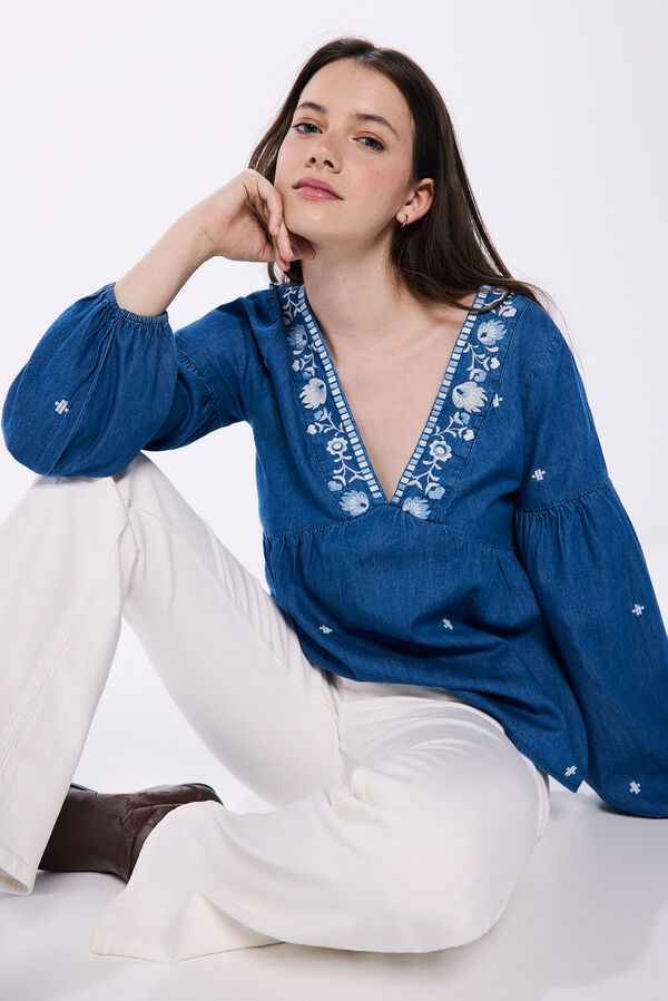 Springfield Blusa denim bordados azul