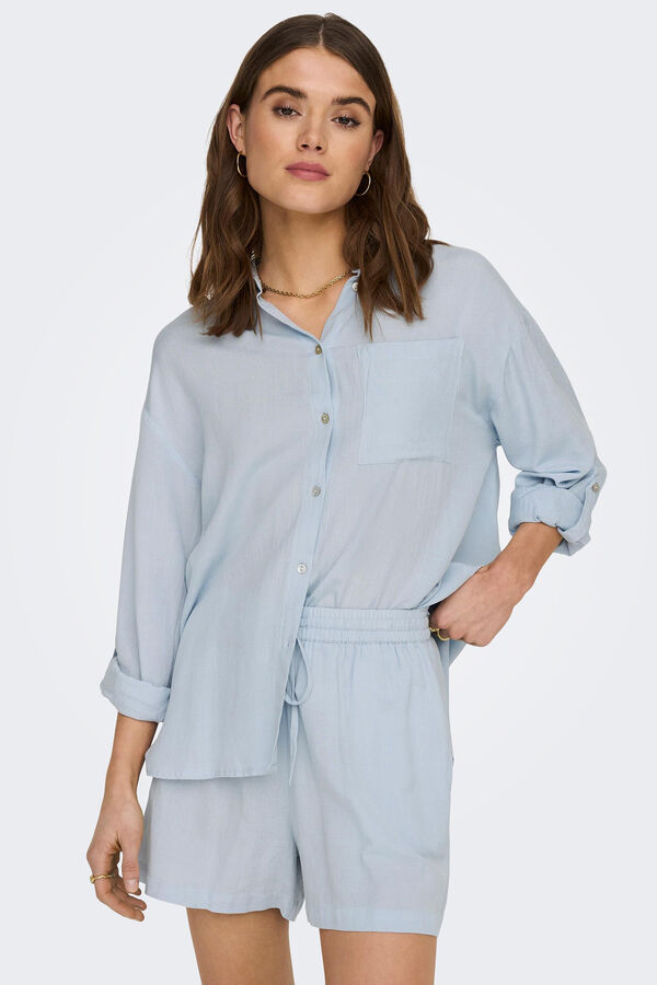 Springfield Camisa de algodón y lino azul medio