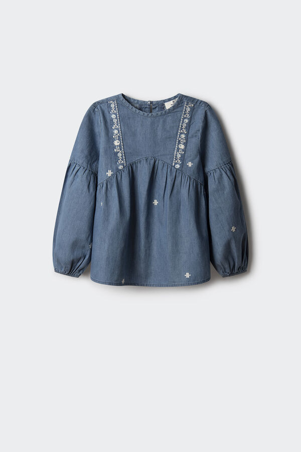 Springfield Kids Blusa denim bordada de menina azul