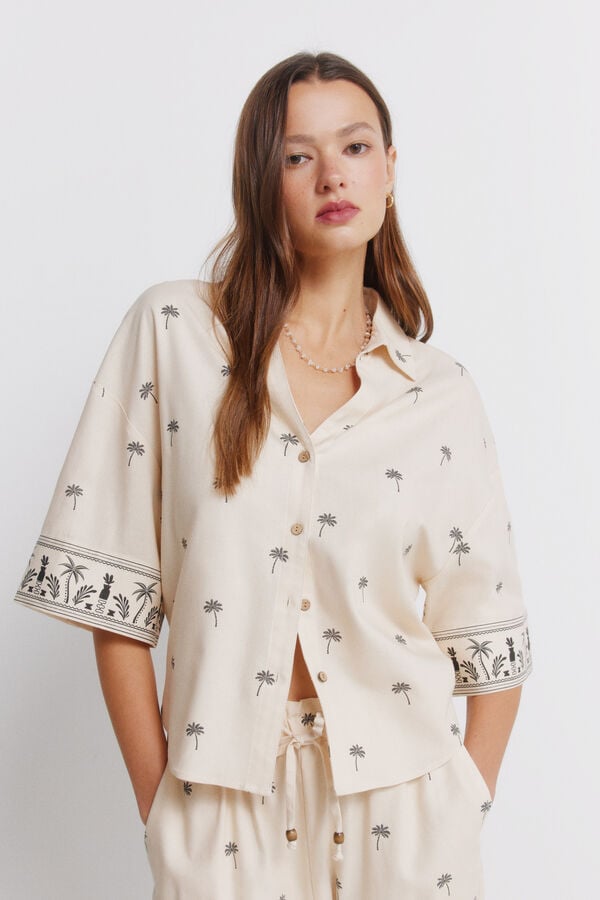 Springfield Camisa de manga curta em linho oversize bege
