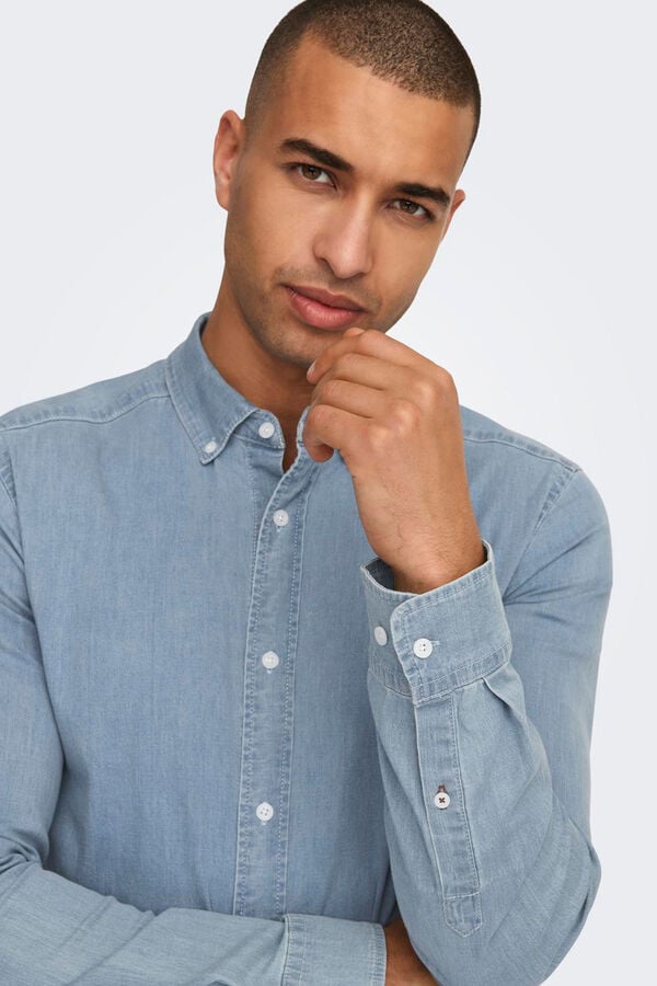 Only & Sons Camisa de chambray con cuello clásico azul