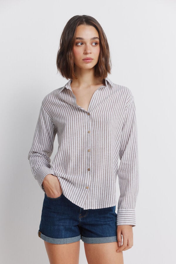 Springfield Camisa de linho semiaberta castanho