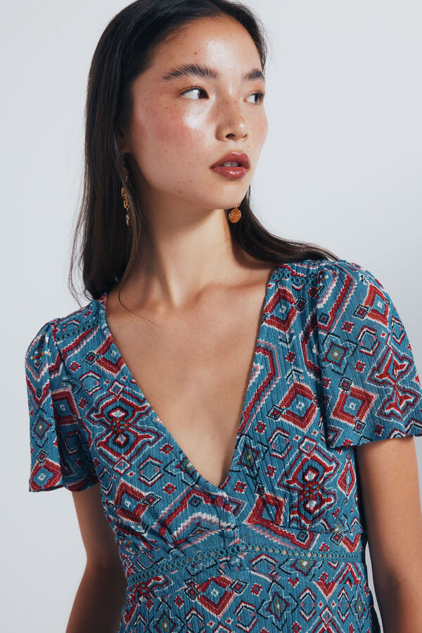 Springfield Vestido midi lace insertado estampado &eacute;tnico turquesa