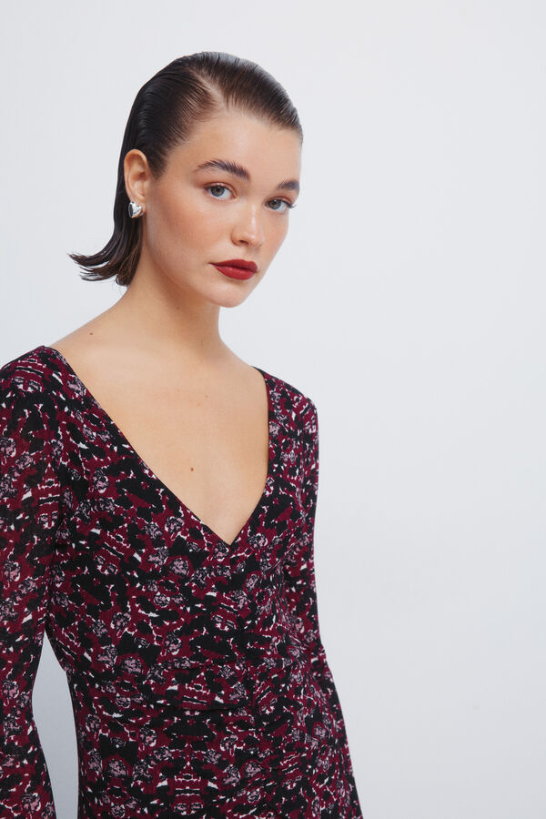 Springfield Vestido midi estampado com decote franzido preto