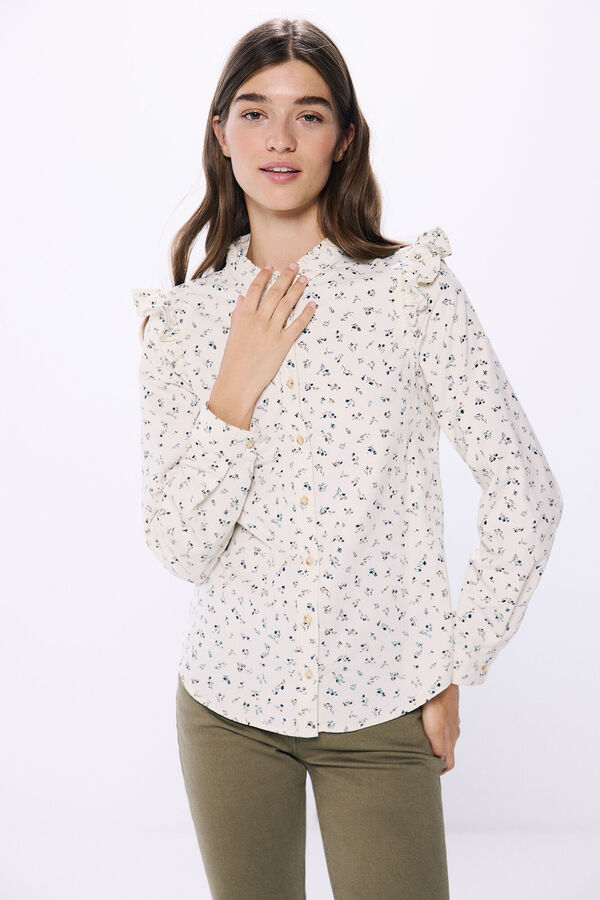 Springfield Blusa de veludo com babados nos ombros branco