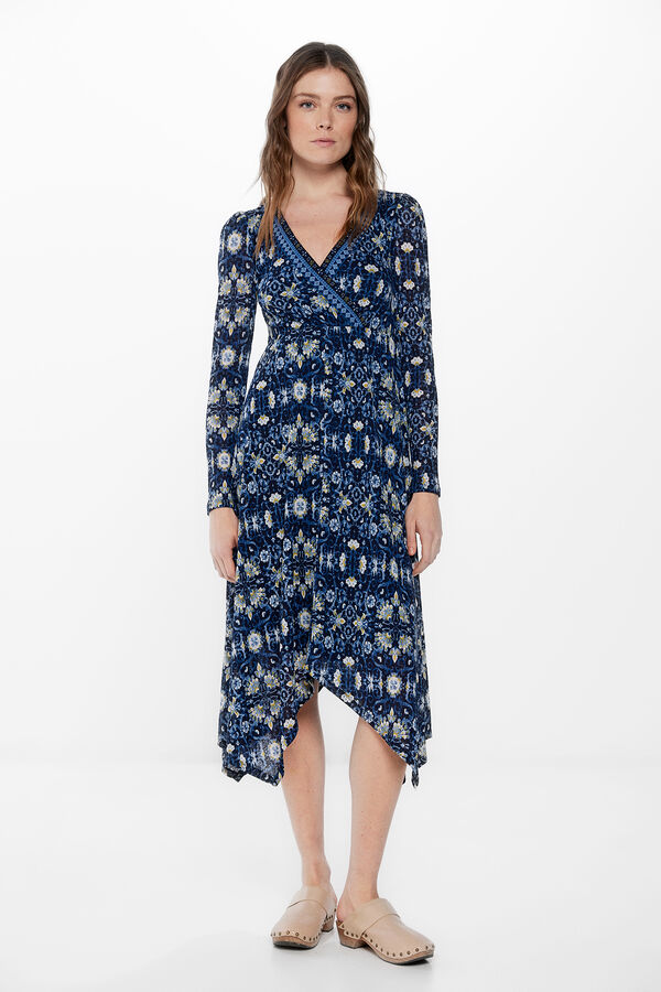 Springfield Vestido Midi Escote Cenefas azul