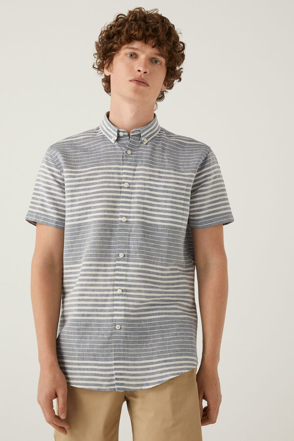 Springfield Camisa manga corta lino rayas horizontales azul medio