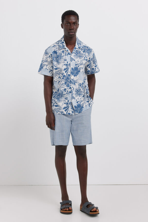 Springfield Camisa de manga curta em linho estampado azul