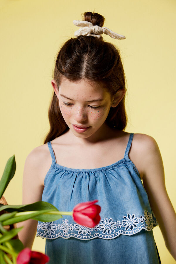 Springfield Kids Vestido denim leve bordado menina azul