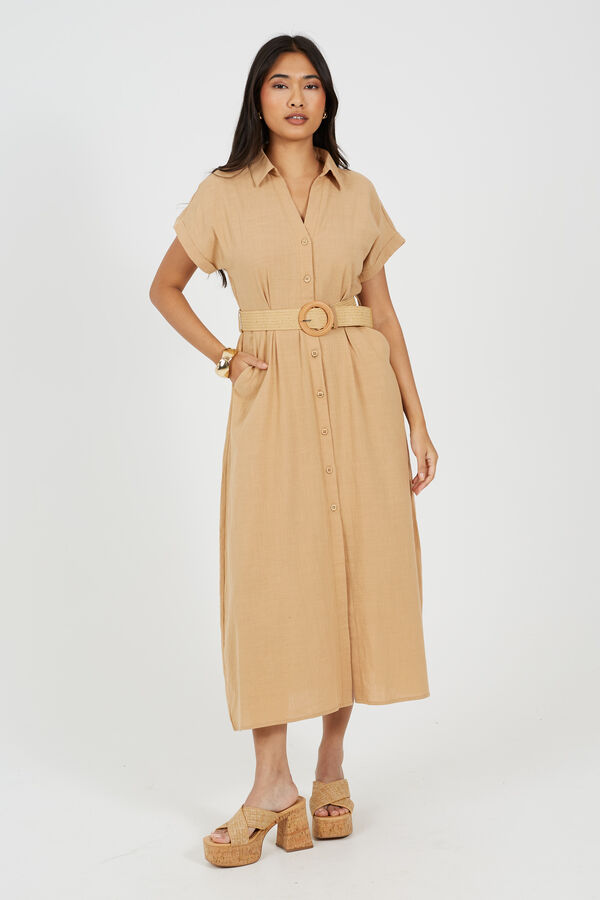 Brave Soul Vestido abotoado com cinto camel