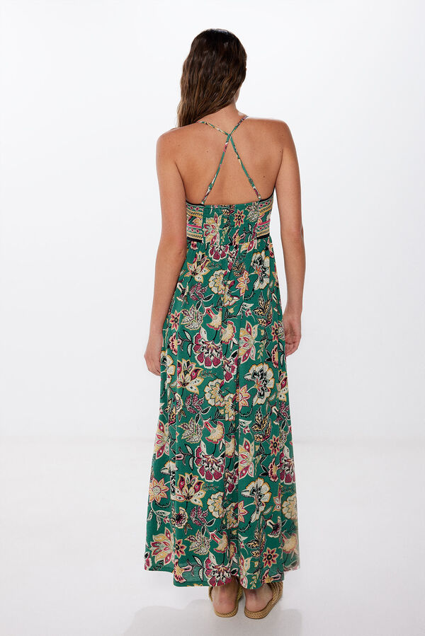 Springfield Vestido midi escote cenefas estampado kaki