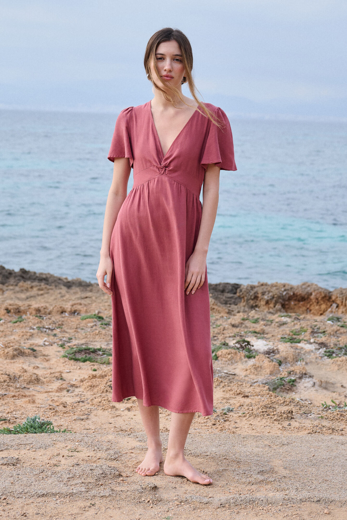 Springfield Vestido midi de decote com decote em linho