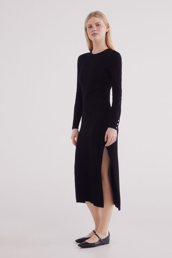 Springfield Vestido midi de malha com bot&otilde;es e punhos preto