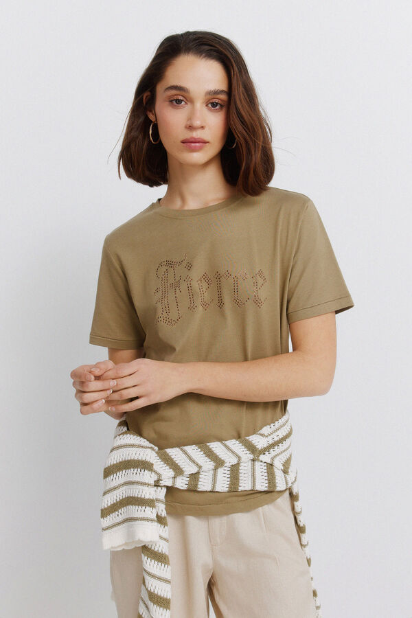 Springfield T-shirt manga curta com tachas bege