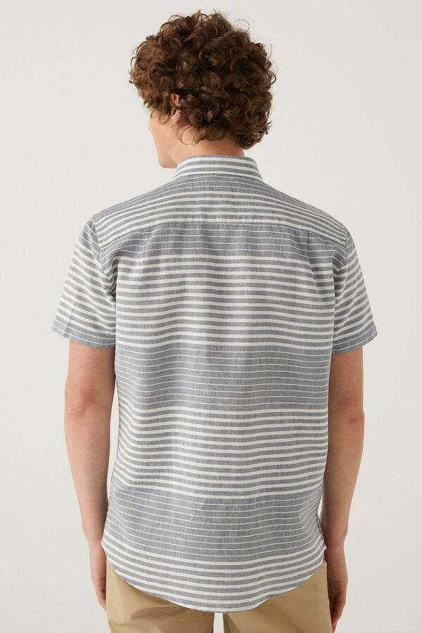 Springfield Camisa manga corta lino rayas horizontales azul medio