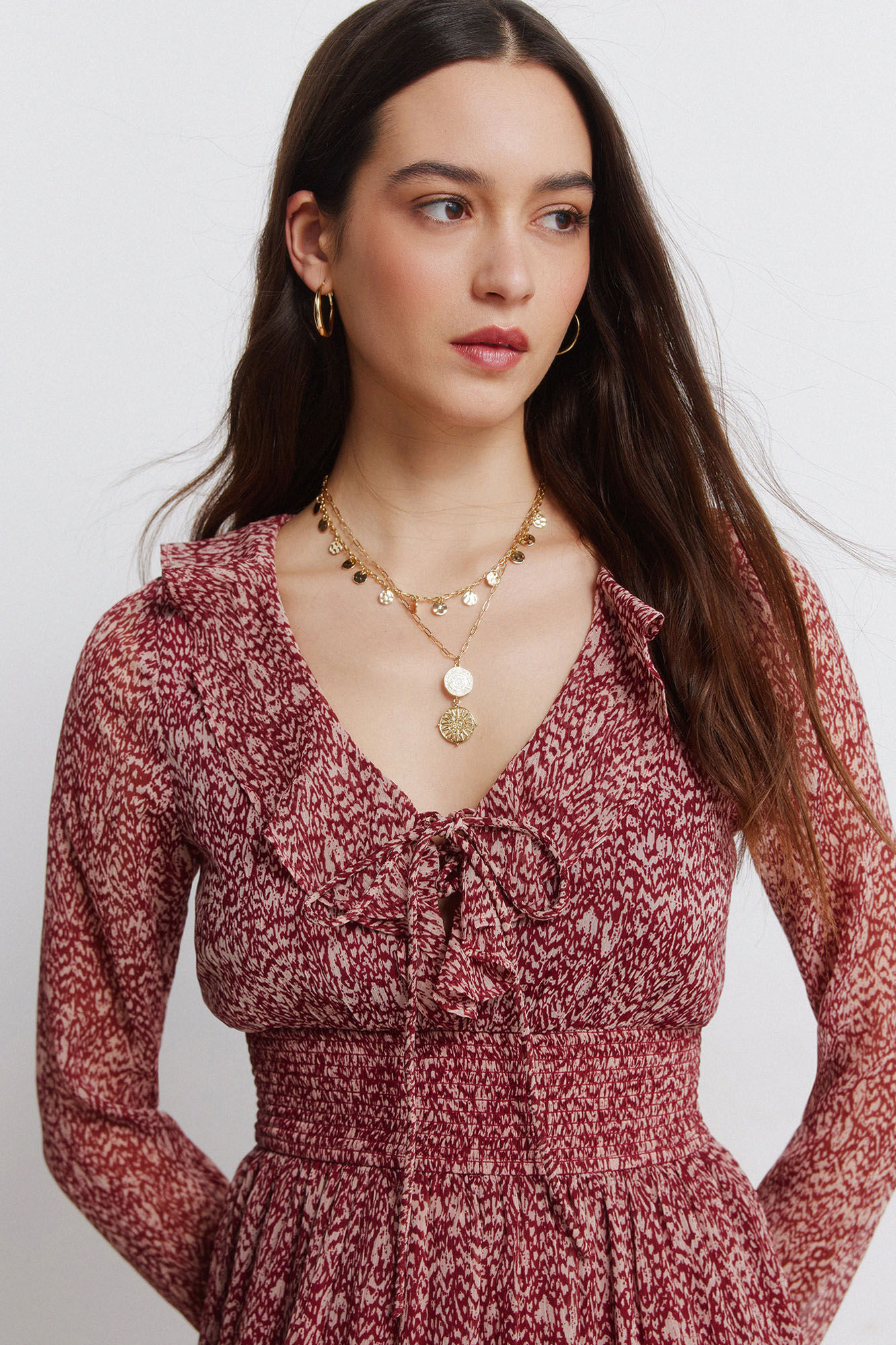 Springfield Vestido midi escote volante estampado