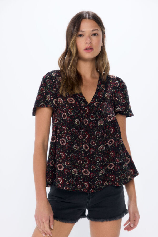 Springfield Blusa fluida escote lace negro