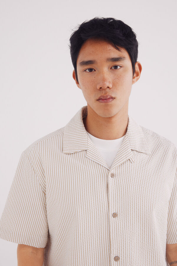 Springfield Camisa de manga manga curta listrada seersucker bege