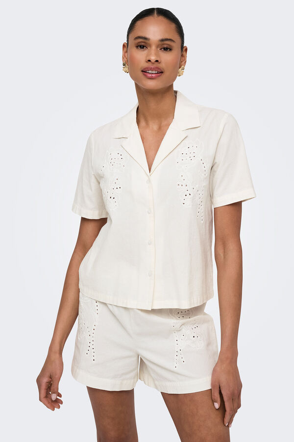 JDY Camisa de manga manga curta bordada branco
