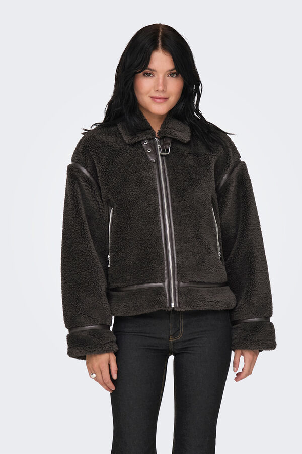 Only Chaqueta biker de pelo marr&oacute;n