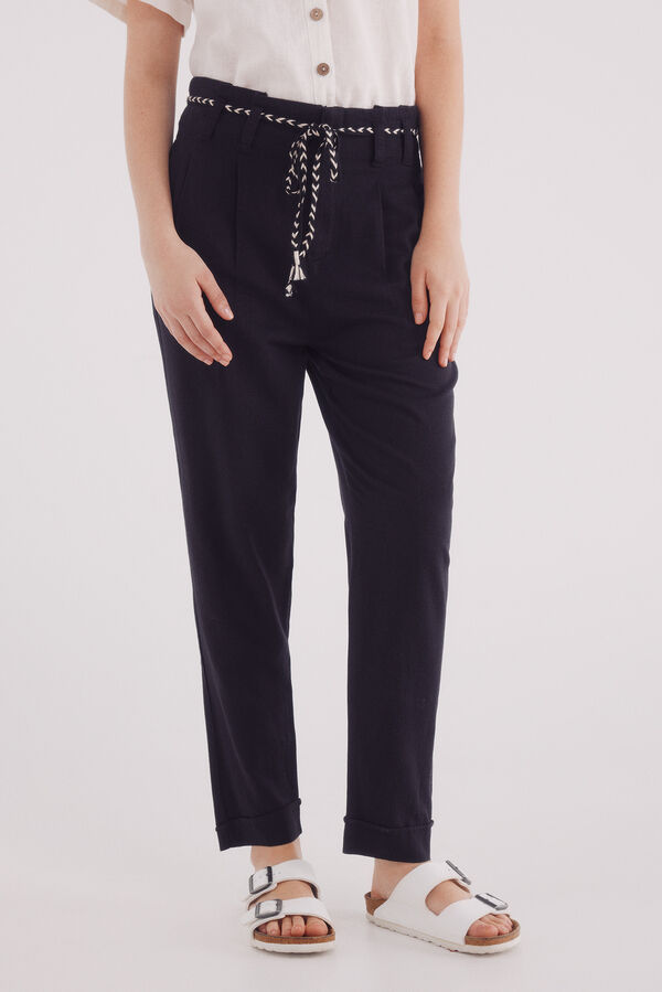 Springfield Cal&ccedil;a plissada com cinto de linho preto