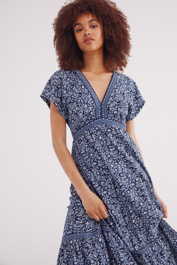 Springfield Vestido midi estampado cenefas y flores azul