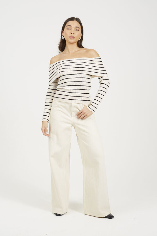 Brave Soul Su&eacute;ter riscas com gola canoa bege