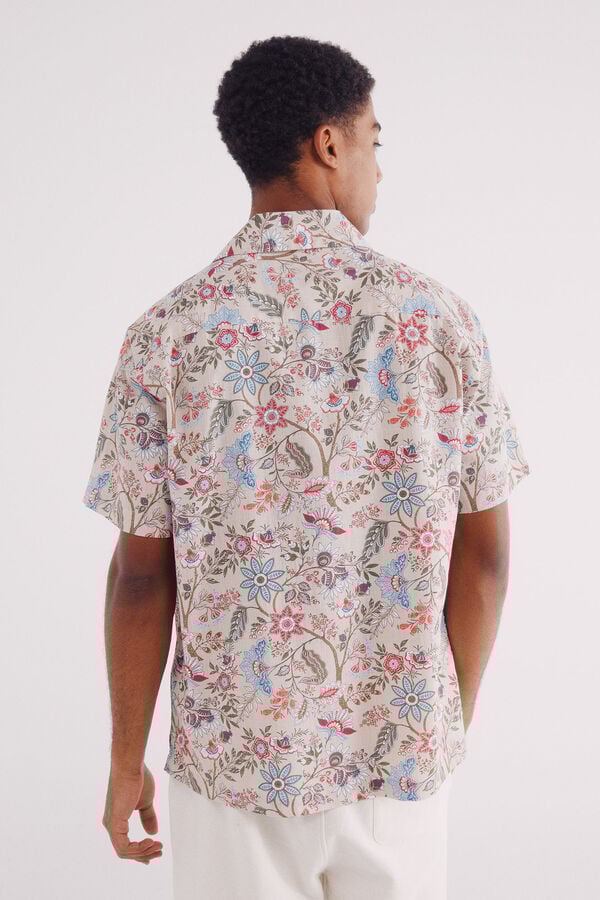 Springfield Camisa de boliche com estampado de flores de manga curta bege