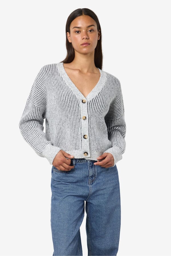 Noisy May Cardigan punto rayas cuello pico gris