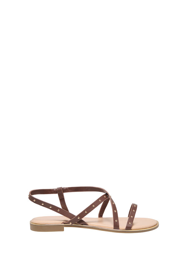 Only Shoes Sandalia plana tiras tachas marr&oacute;n