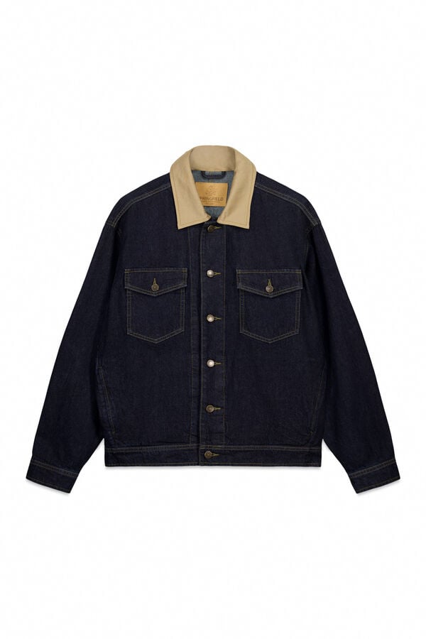 Springfield Jaqueta jeans oversized com gola contrastante azul