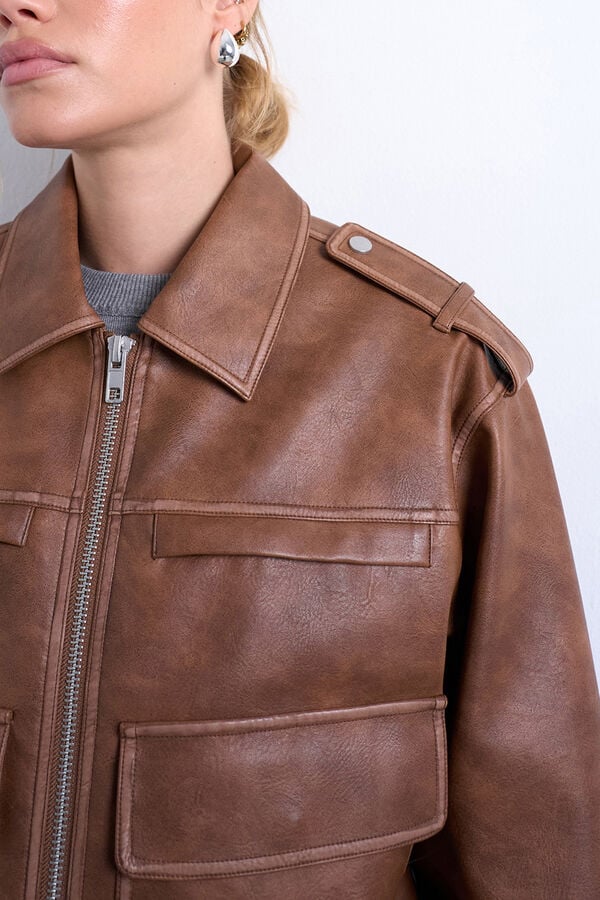Topshop Casaco curto motard efeito pele cru