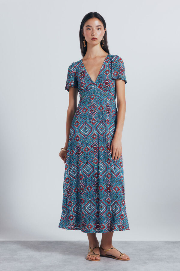 Springfield Vestido midi lace insertado estampado &eacute;tnico turquesa